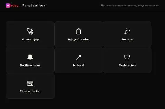 Panel de administración de InJoy para el encargado del local