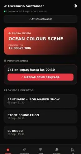 Pantalla principal de InJoy con evento en curso y promociones